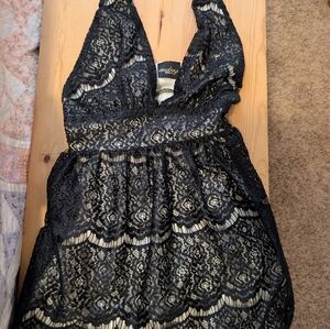 Audrey Midnight Lace Halter Gown SZ XS Fully Lined In Nude  Dainty Lace